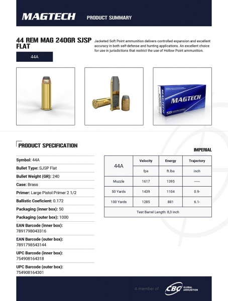 Cartouche Magtech 44 Rem mag 240 grs Sjps flat