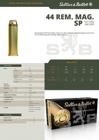 Cartouche Sellier Bellot 44Rem mag SP 15.55g