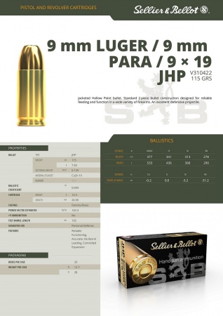 Cartouche Sellier bellot 9X19 JHP 7.5+ 115 gr