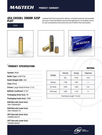 Cartouches 454 casull 260 gr Magtech