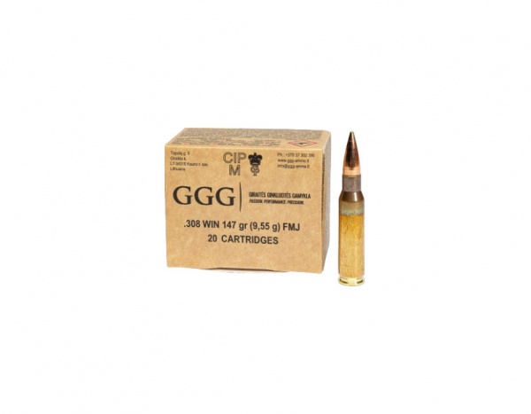 Cartouches GGG calibre 308 Win. 147grs 9,55g FMJ