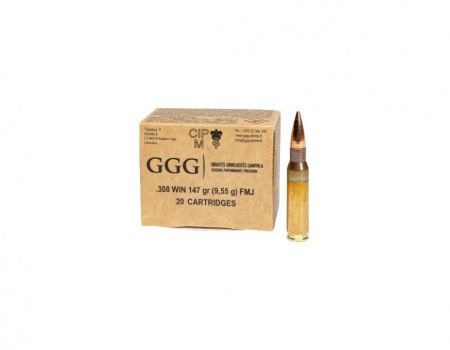 Cartouches GGG calibre 308 Win. 147grs 9,55g FMJ