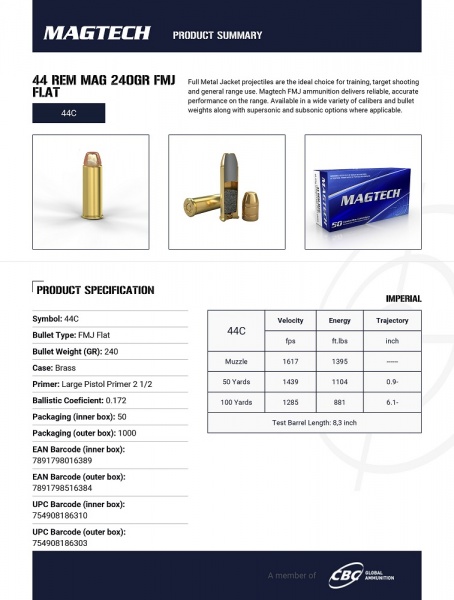 CARTOUCHES MAGTECH 44 REM MAG 240GR FMJ FLAT 44C