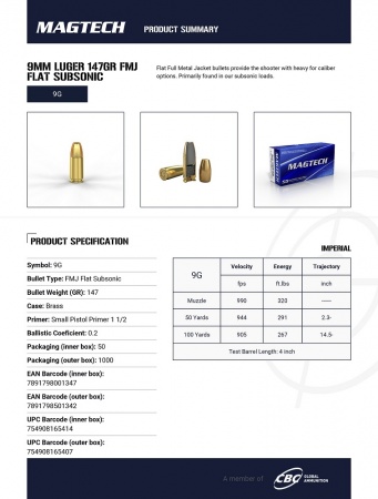 Cartouches Magtech 9X19 subsonique 147 gr fmj FLAT NOSE
