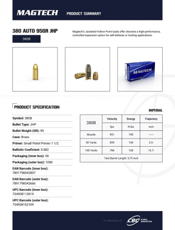 Cartouches Magtech JHP cal 380 auto 6.15 g 95gr