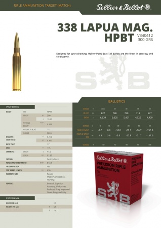 Cartouches Sellier & bellot HPBT cal 338 lapua mag 19.4g 300 gr