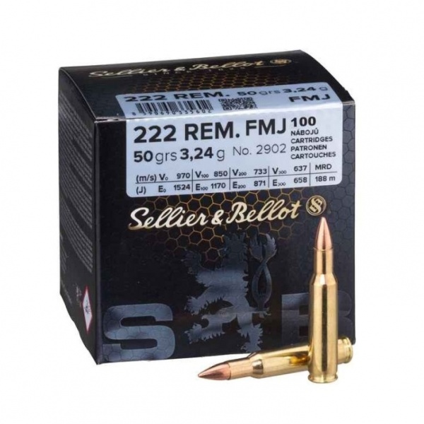 Cartouches Sellier Bellot 222 rem FMJ 50grs 3,24g