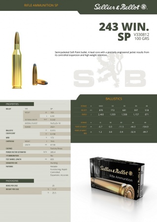 Cartouches Sellier bellot cal  243 win 100gr 6.5g SP
