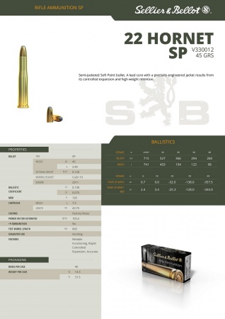 Cartouches Sellier bellot cal 22 hornet 2.9G SP+
